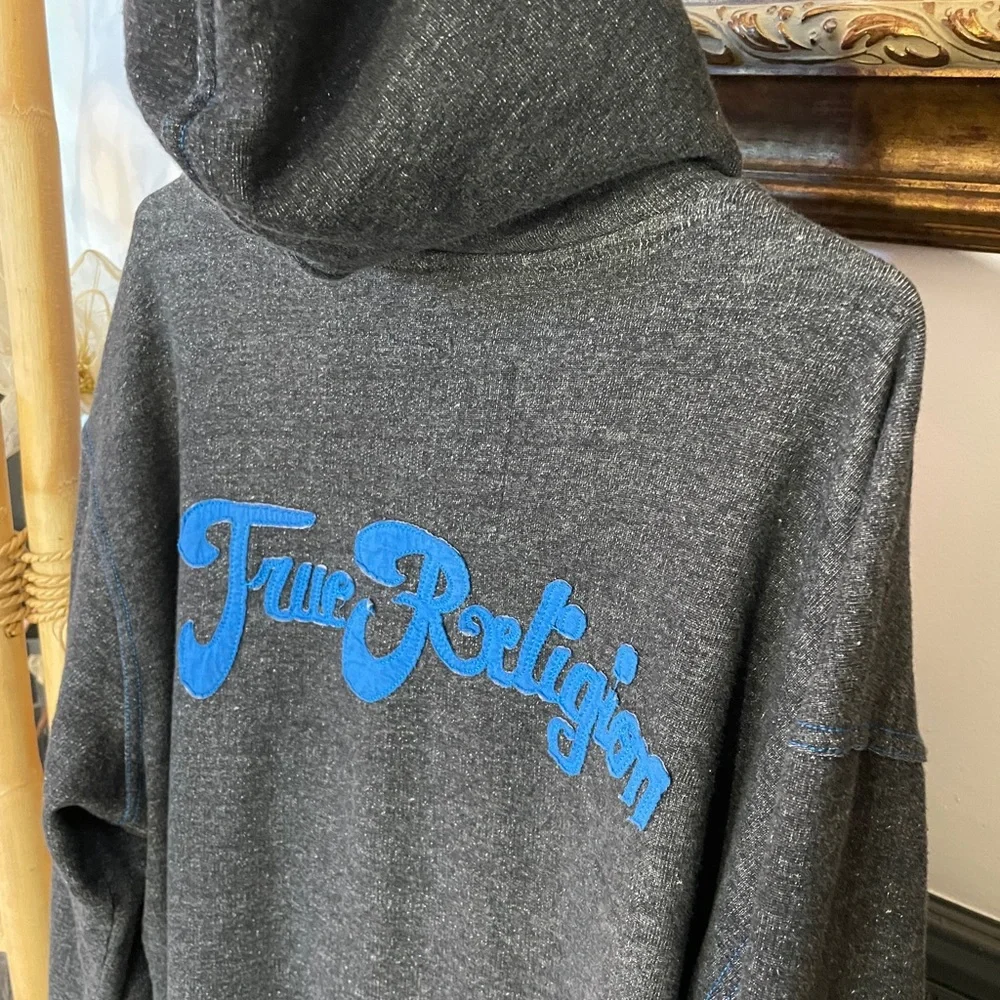 Y2K True Religion Raised Spellout Full Zip Hoodie Charcoal Blue Men’s 2XL🧡🎀